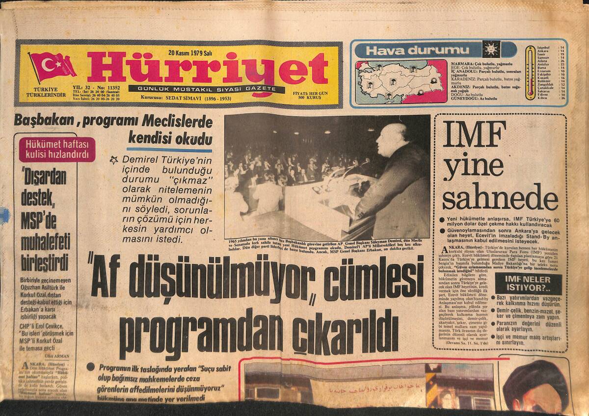 Hürriyet Gazetesi 20 kasım 1979 - Dışardan Destek MSP'de Muhalefeti Birleştirdi - IMF Yine Sahnede GZ133524 - 1