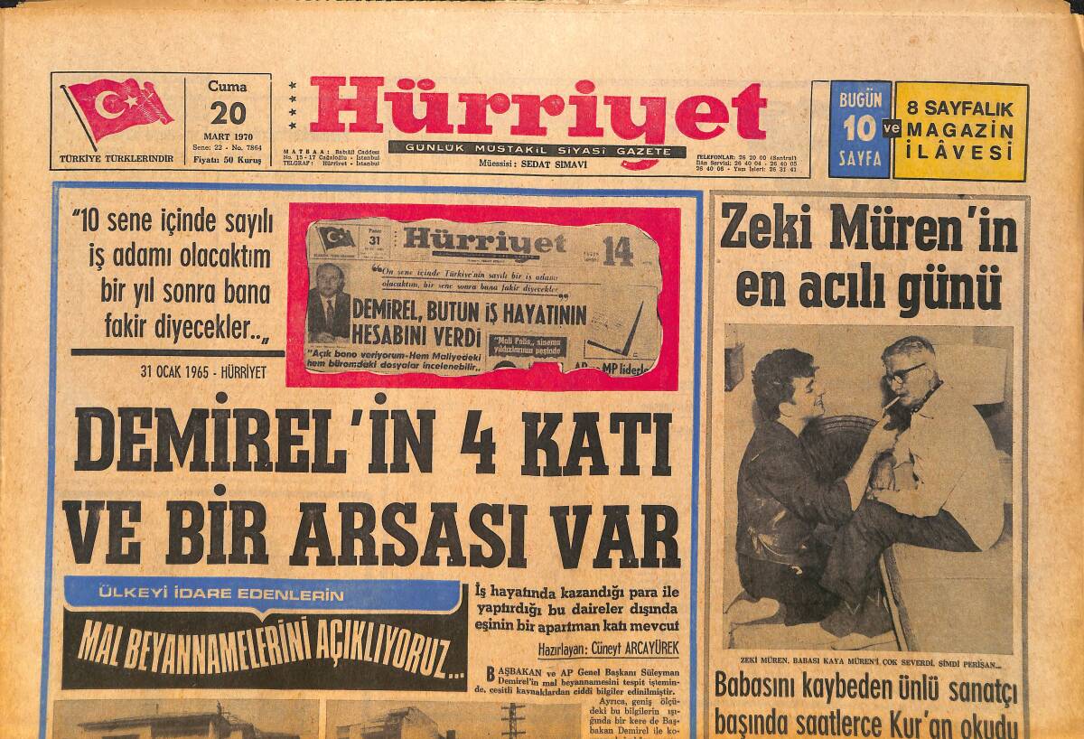 Hürriyet Gazetesi 20 Mart 1970 - Zeki Müren'in En Acılı Günü - Kıbrıs'ta Darbe İçin Prova Yapılıyor GZ157612 - 1