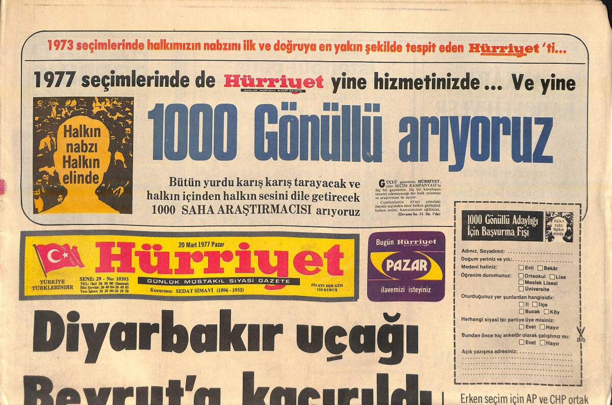 Hürriyet Gazetesi 20 Mart 1977 - Diyarbakır Uçağı Beyrut'a Kaçırıldı - Rita Hayworth Mutluluğu Kadehlerde Arıyor GZ156658 - 1