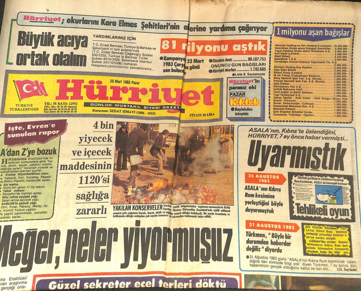 Hürriyet Gazetesi 20 Mart 1983 - Türk Halk Müziği Sanatçıları Evren'in Onuruna Konser Verdi! - Türkiye'de İlk Şeffaf Long - Play GZ142222 - 1