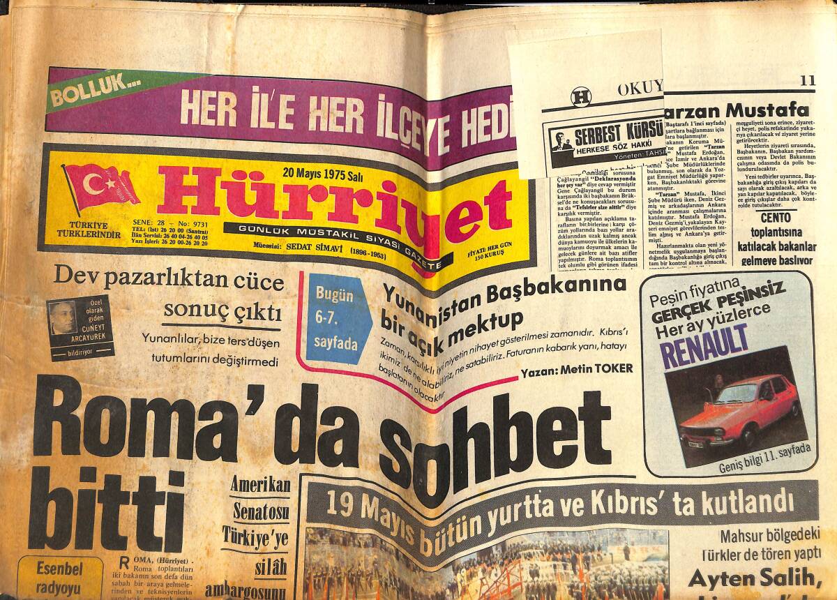 Hürriyet Gazetesi 20 Mayıs 1975 - Tarzan Mustafa Kuş Uçurtmayacak - Onat Kutlar da TRT'den İstifa Etti GZ142920 - 1