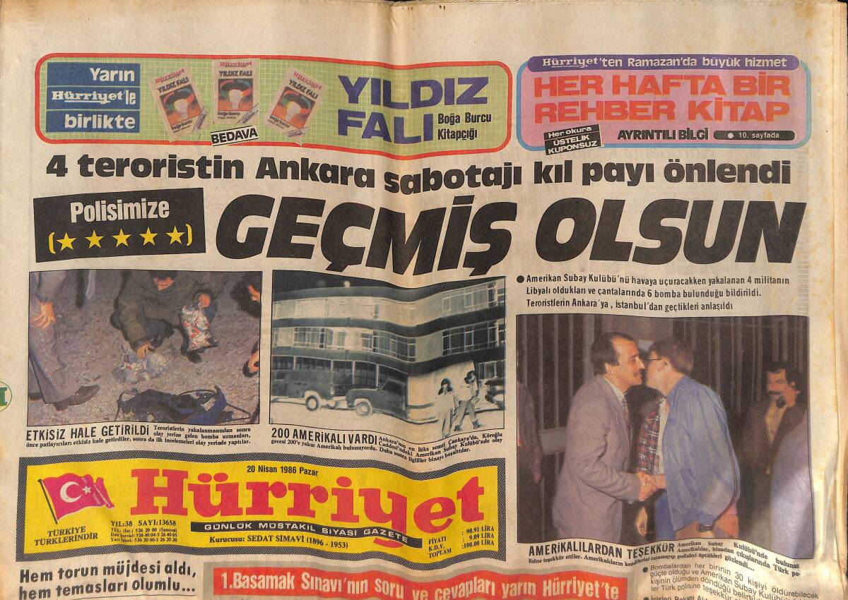 Hürriyet Gazetesi 20 Nisan 1986 - Reagan'dan Yeni Saldırı Tehdidi - Özal'a Erkek Torun GZ132779 - 1