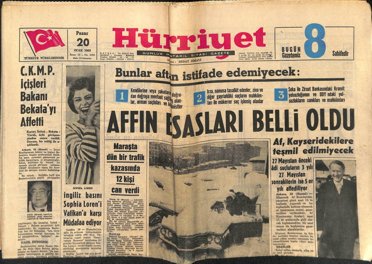Hürriyet Gazetesi 20 Ocak 1963 - Karadeniz'de Bu Yıl Görülmemiş Hamsi Bereketi Var - İngiliz Basını Sophia Loren'i Vatikan'a Karşı Müdafaa Ediyor GZ146956 - 1