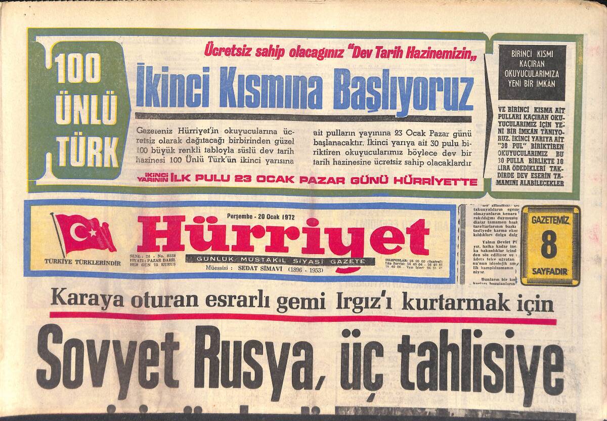 Hürriyet Gazetesi 20 Ocak 1972 - Muhammed Ali 30. Yaşını Kutladı - Marilyn Monroe ve Yves Montand Aşk Sahnesi GZ157026 - 1