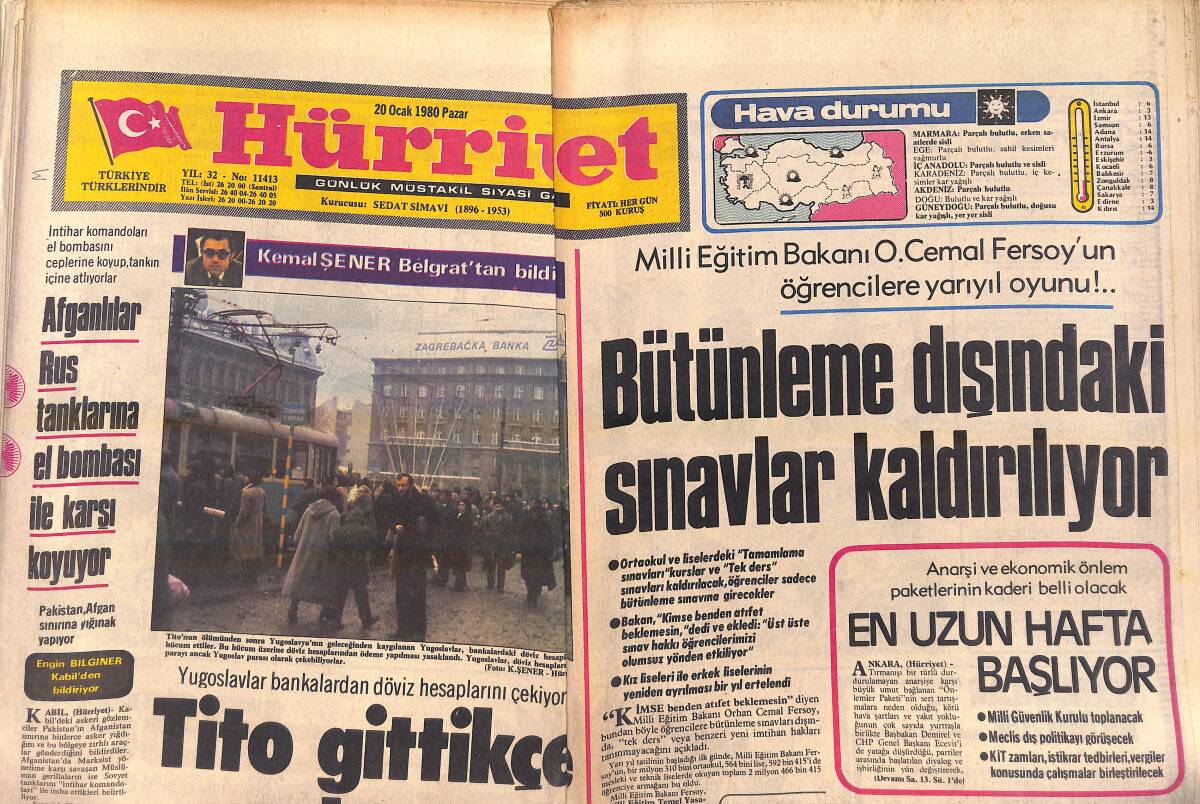 Hürriyet Gazetesi 20 Ocak 1980 - Afganlılar Rus Tanklarına El Bombası İle Karşı Koyuyor - Siyah Kraliçe Amerika Müzik Ödülünü Aldı GZ155992 - 1