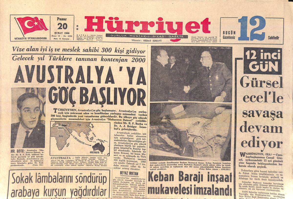 Hürriyet Gazetesi 20 Şubat 1966 - Keban Barajı İnşaat Mukavelesi İmzaladı - Gürsel Ecelle Savaşa Devam Ediyor GZ156906 - 1