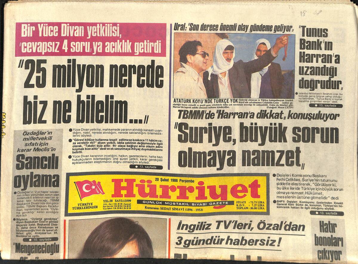 Hürriyet Gazetesi 20 Şubat 1986 - Adile Naşit: Şimdiki Halimi Gördükçe Üzülüyorum - Suriye Büyük Sorun Olmaya Namzet GZ2101 - 1