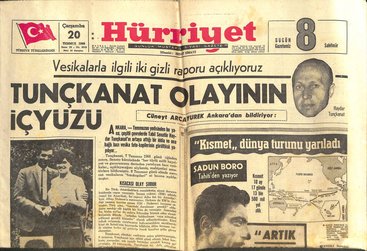 Hürriyet Gazetesi 20 Temmuz 1966 - Tunçkanat Olayının İçyüzü - Sadun Boro Tahiti'den Yazıyor GZ142391 - 1
