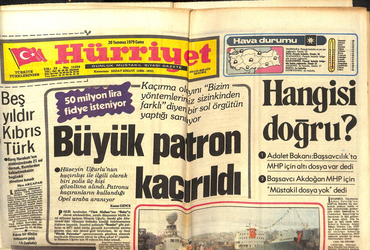 Hürriyet Gazetesi 20 Temmuz 1979 - Hüseyin Uğurlu Kaçırıldı - Dünya Güzeli Bu Akşam Seçiliyor GZ142700 - 1