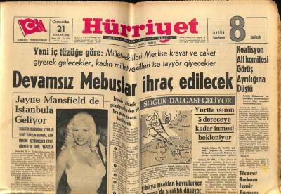 Hürriyet Gazetesi 21 Ağustos 1963 - Jayne Mansfield de İstanbula Geliyor GZ68813 - 2