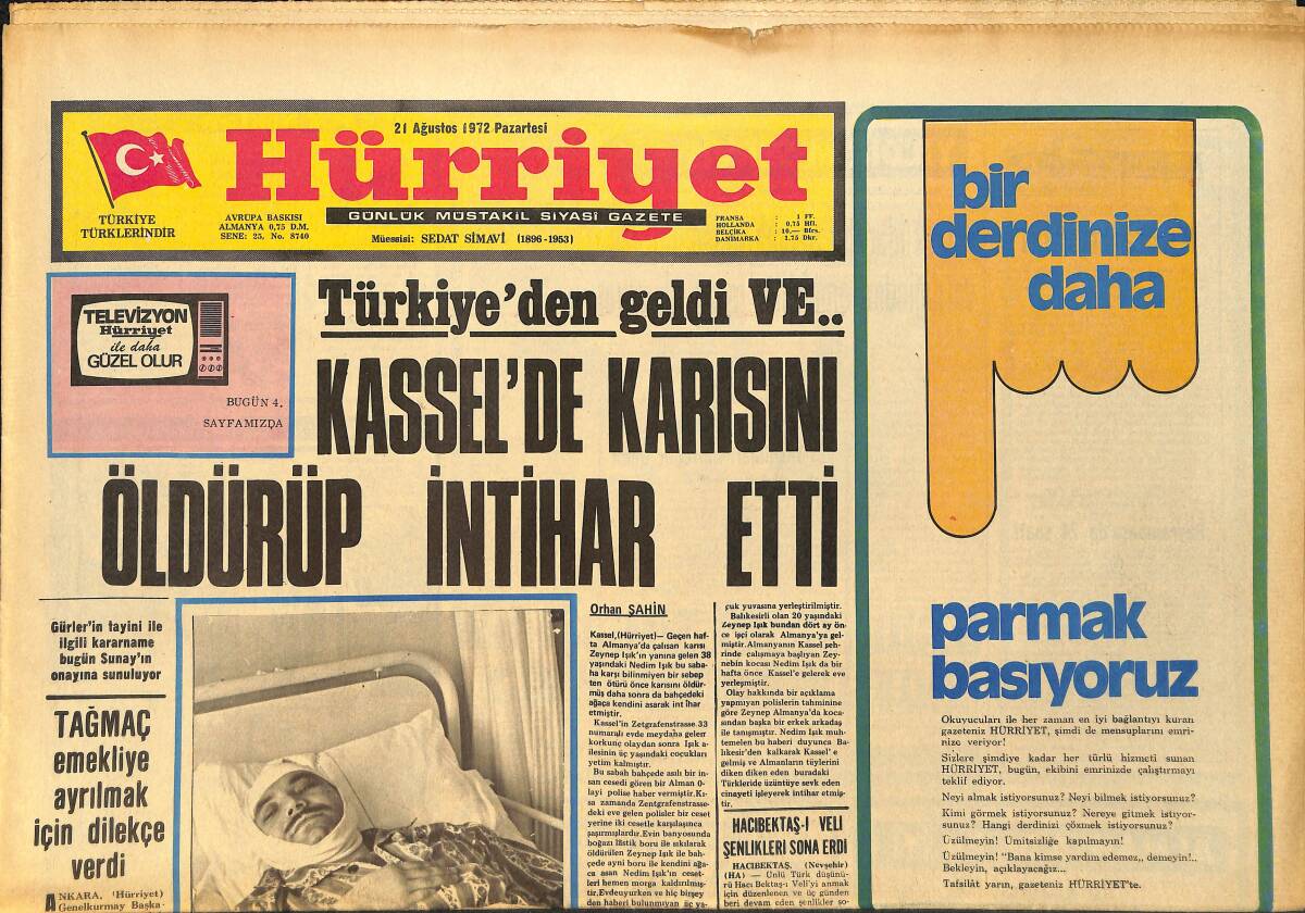 Hürriyet Gazetesi 21 Ağustos 1972 - Hollanda'daki Türk İşçilerin Zararı Dört Buçuk Milyon Lira - Bektaşiler Milli Mücadele İçin 800 Altın Topladı GZ157559 - 1