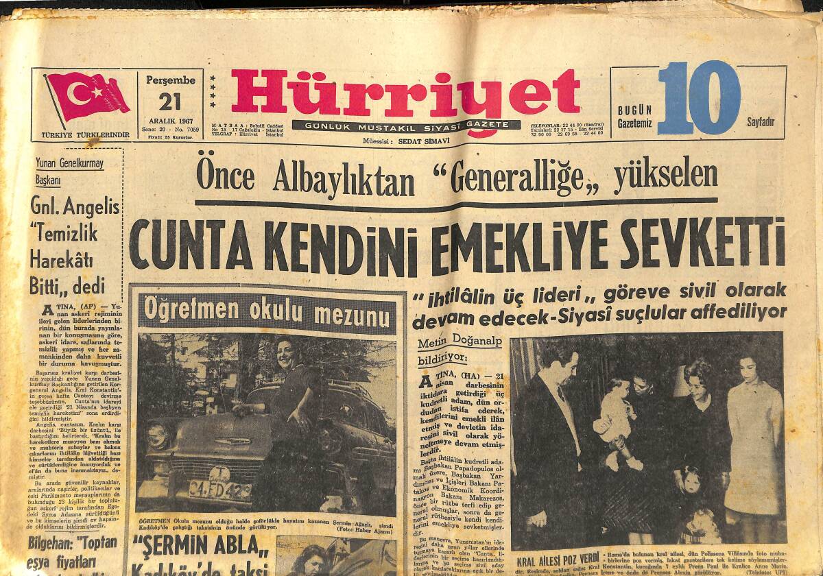 Hürriyet Gazetesi 21 Aralık 1967 - Kıbrıs'tan 100 Yunan Askeri Daha Ayrıldı - Cunta Kendini Emekliye Sevketti GZ147027 - 1