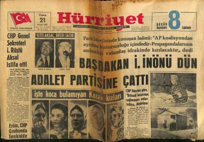 Hürriyet Gazetesi 21 Eylül 1962 - Başbakan İsmet İnönü Dün Adalet Partisine Çattı GZ72623 - 2