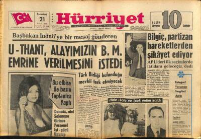 Hürriyet Gazetesi 21 Eylül 1964 - U-Thant , Alayımızın B.M. Emrine Verilmesini İstedi GZ81858 - 1