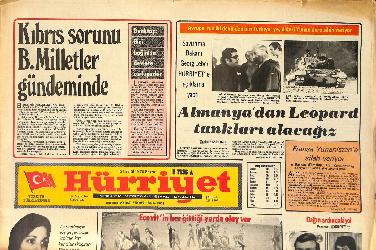 Hürriyet Gazetesi 21 Eylül 1975 - Patricia Hearst Yakalandı - Almanya'dan Leopard Tankları Alacağız GZ157524 - 1