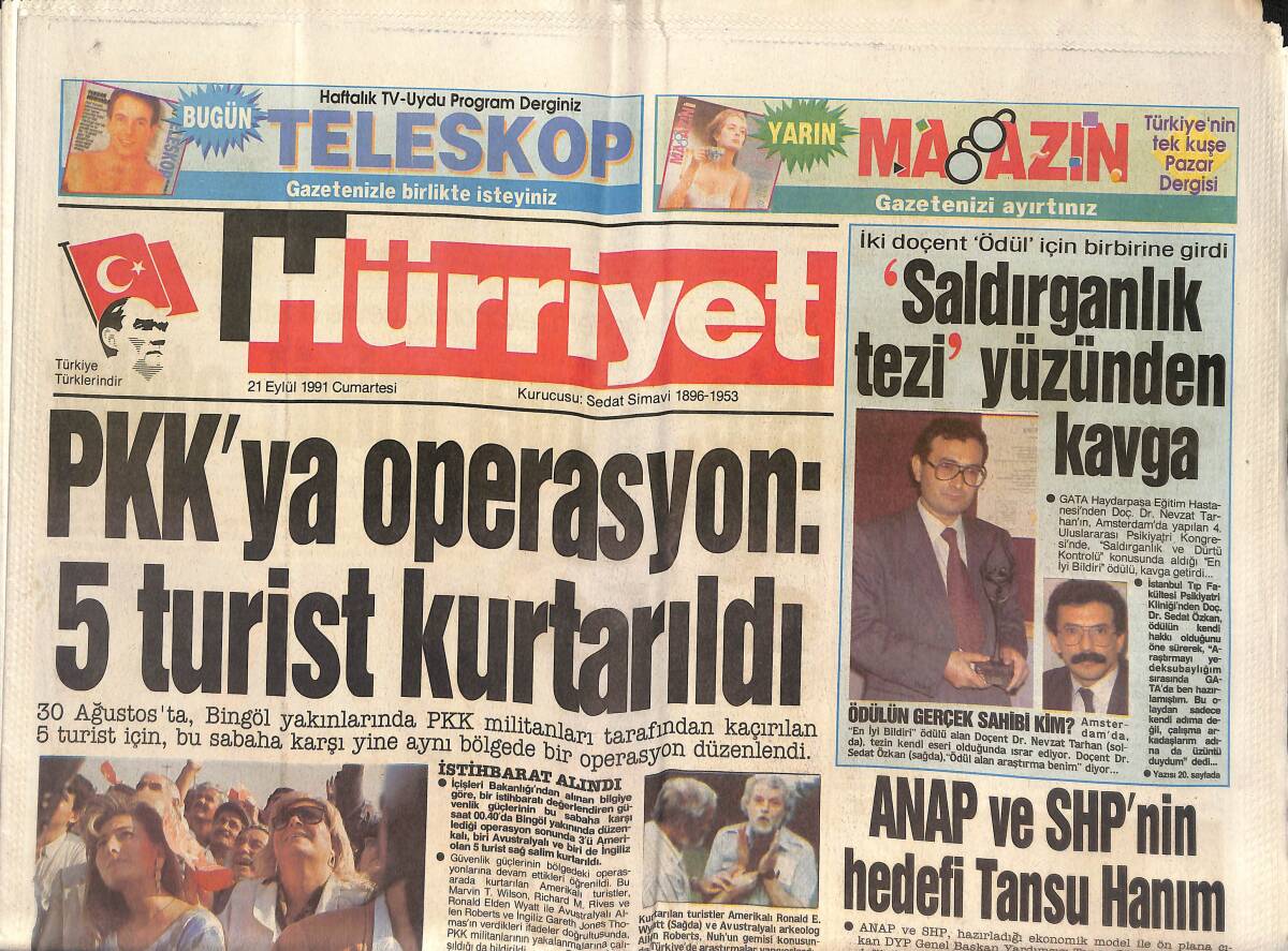 Hürriyet Gazetesi 21 Eylül 1991 - Demirel 1963'te Yanlış Şapka Alarak Kaçtı - PKK'ya Operasyon GZ150483 - 1