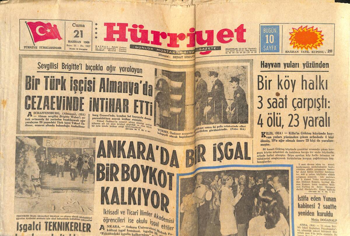 Hürriyet Gazetesi 21 Haziran 1968 - Kral Hüseyin'e Karşı Yapılacak Darbe Bastırıldı - Ankara'da Bir İşgal Bir Boykot Kalkıyor GZ142446 - 1