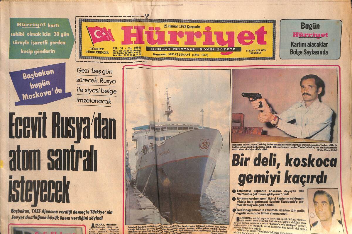 Hürriyet Gazetesi 21 Haziran 1978 - Ecevit Rusya'dan Atom Santralı İsteyecek - Kulüplerde Futbolcu Avı Başladı GZ133200 - 1