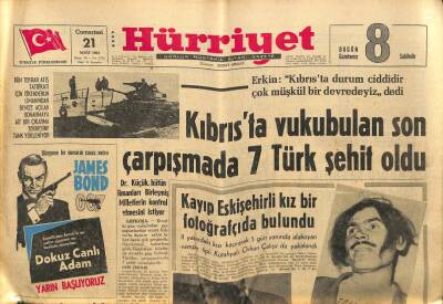 Hürriyet Gazetesi 21 Mart 1964 - Kıbrısta Vukubulan Son Çarpışmada 7 Türk Şehit Oldu GZ82091 - 1