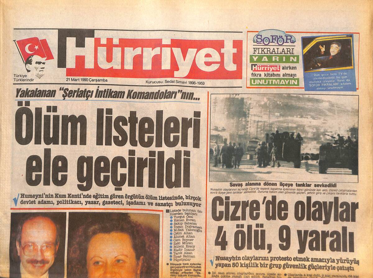 Hürriyet Gazetesi 21 Mart 1990 - N.T.'yi Gülşen Bubikoğlu Canlandıracak - Cizre'de Olaylar 4 Ölü , 9 Yaralı GZ133374 - 1