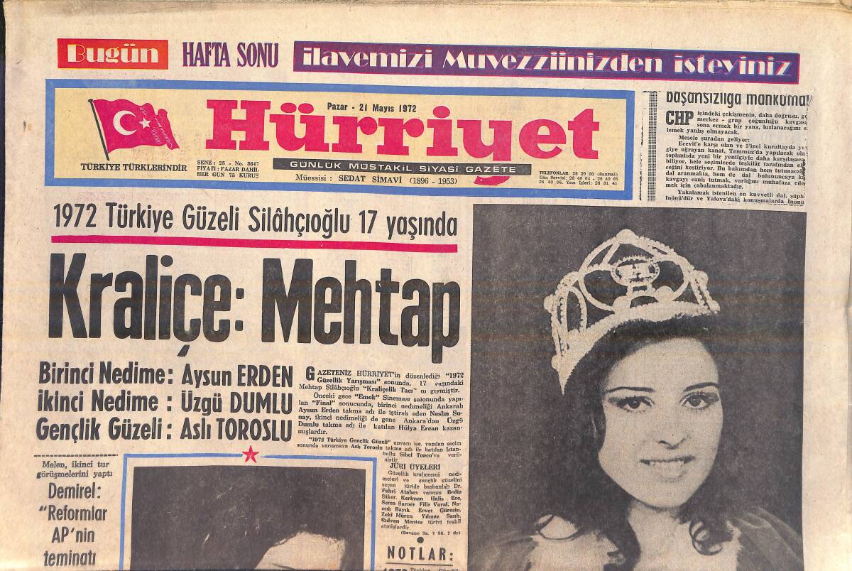 Hürriyet Gazetesi 21 Mayıs 1972 - 1972 Türkiye Güzeli Silahçıoğlu 17 Yaşında Kraliçe Mehtap - Samsunspor Tehlikeye Sırtını Döndü GZ156887 - 1
