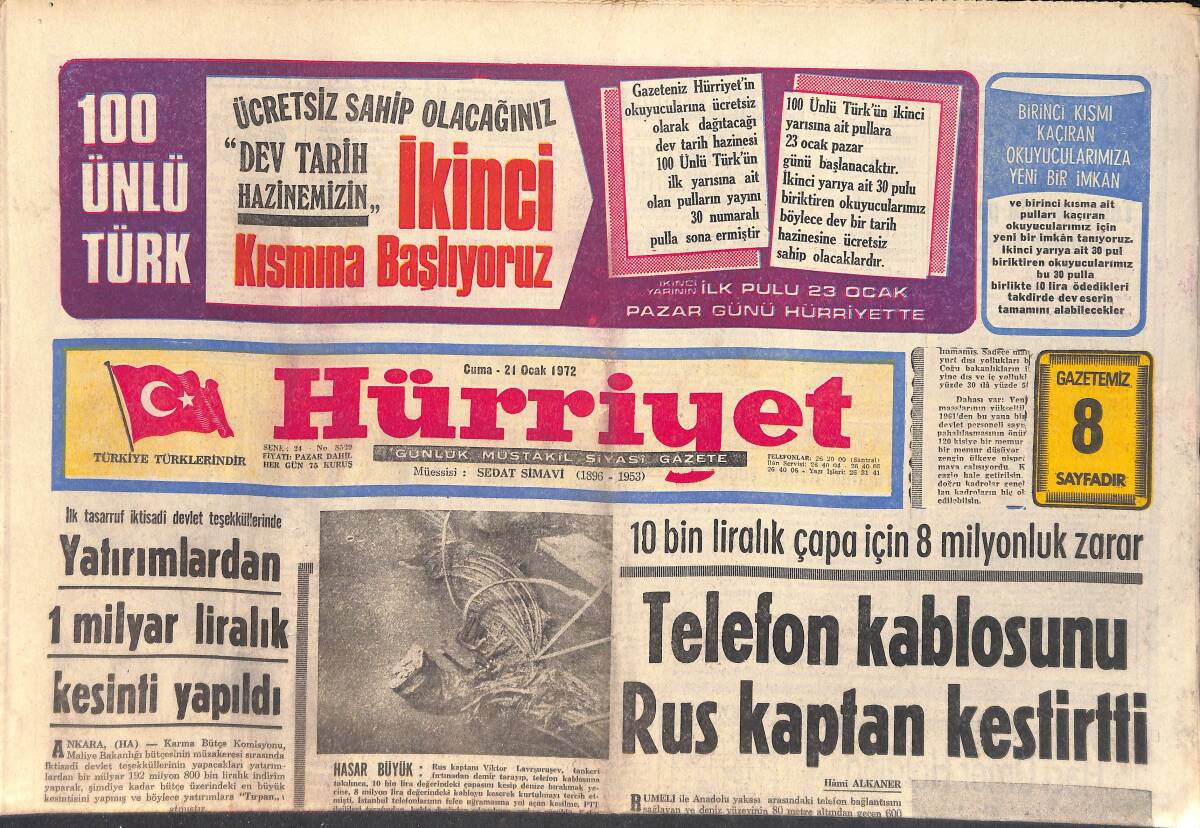Hürriyet Gazetesi 21 Ocak 1972 - Çullu Ahmet, 4 Karısı ve 41 Çocuğu - Jayne Mansfield - Sophia Loren GZ157027 - 1