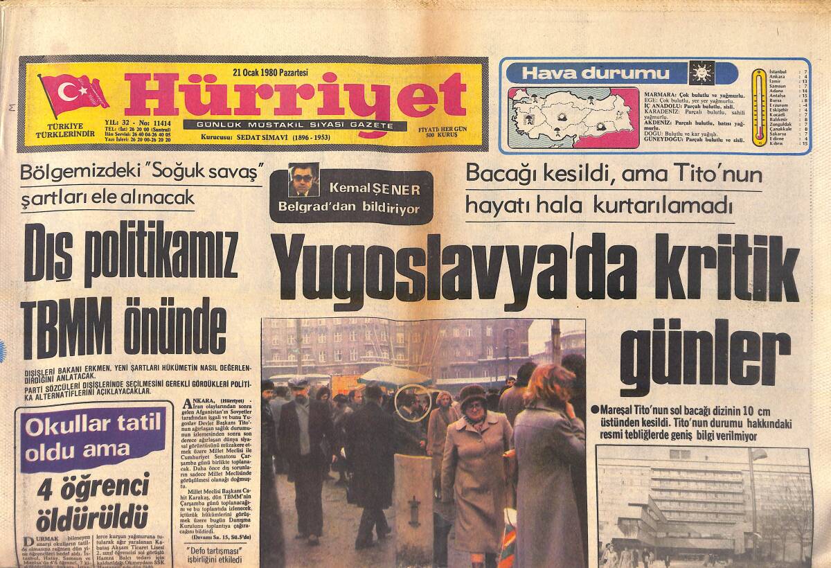 Hürriyet Gazetesi 21 Ocak 1980 - Altın Kelebek'te Yılın Sanatçıları Belli Oldu - Yugoslavya'da Kritik Günler GZ155993 - 1