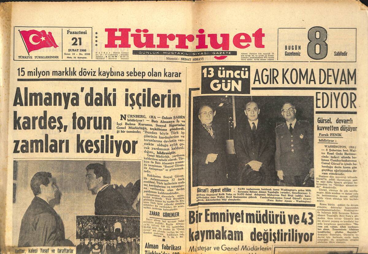 Hürriyet Gazetesi 21 Şubat 1966 - Bir Taraftar Lefter'i 12 Yerinden Bıçakladı - Cemal Gürsel Ağır Komada Devam Ediyor! GZ142234 - 1