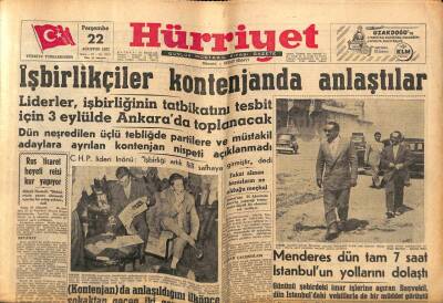 Hürriyet Gazetesi 22 Ağustos 1957 - Menderes Dün Tam 7 Saat İstanbulun Yollarını Dolaştı GZ68995 - 1