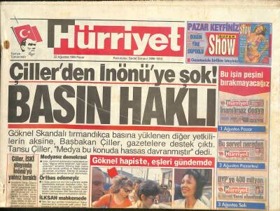 Hürriyet Gazetesi 22 Ağustos 1993 - Çillerden İnönüye Şok ! - Mustafa Koçun Uçağında Kaza - Güner Ümit 6 Milyara Kanal 6da GZ126718 - 1