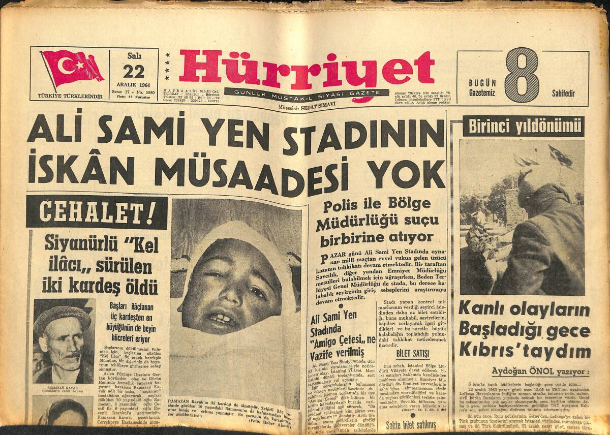 Hürriyet Gazetesi 22 Aralık 1964 - Ali Sami Yen Stadının İskan Müsaadesi Yok - Ali Sami Yen Stadında Amigo Çetesine Vazife Verilmiş GZ146948 - 1