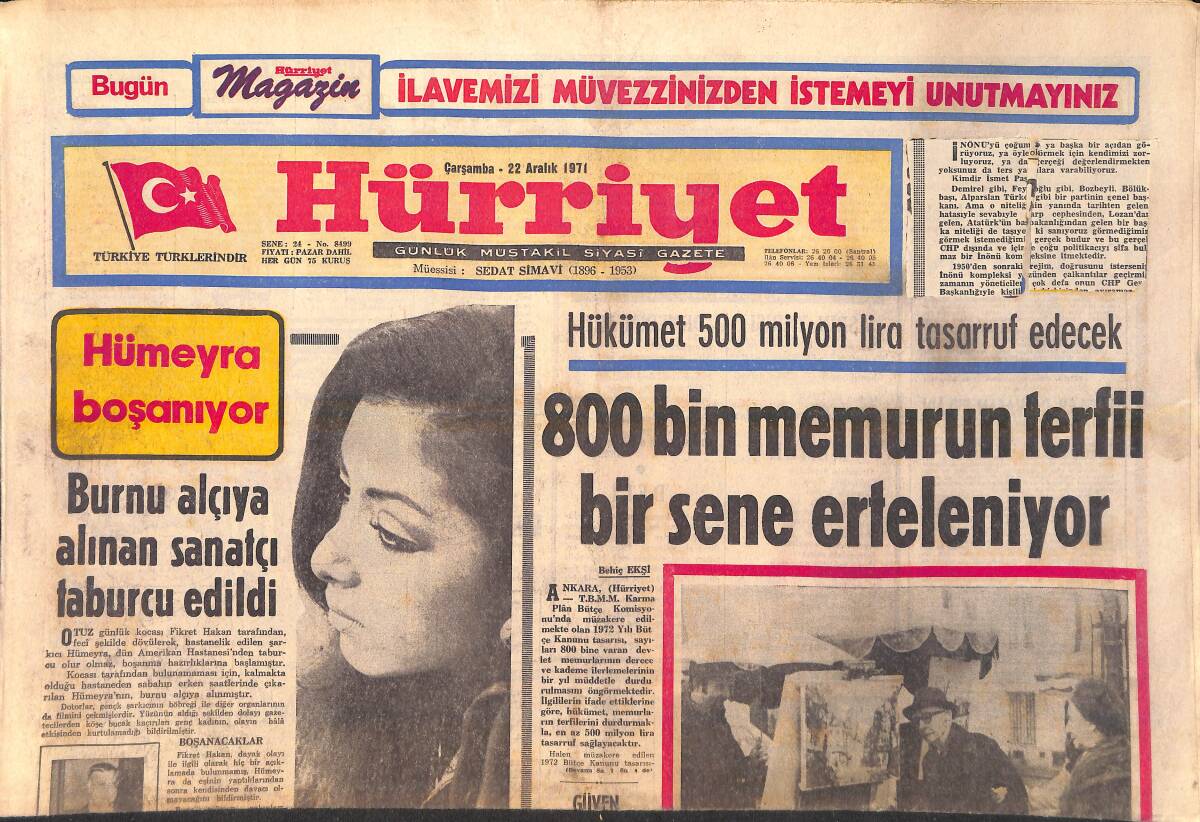 Hürriyet Gazetesi 22 Aralık 1971 - İnönü Atina'da Bir Devlet Başkanı Gibi Karşılandı - Casus Tellioğlu İki Yıl Milyoner Hayatı Yaşadı GZ156839 - 1
