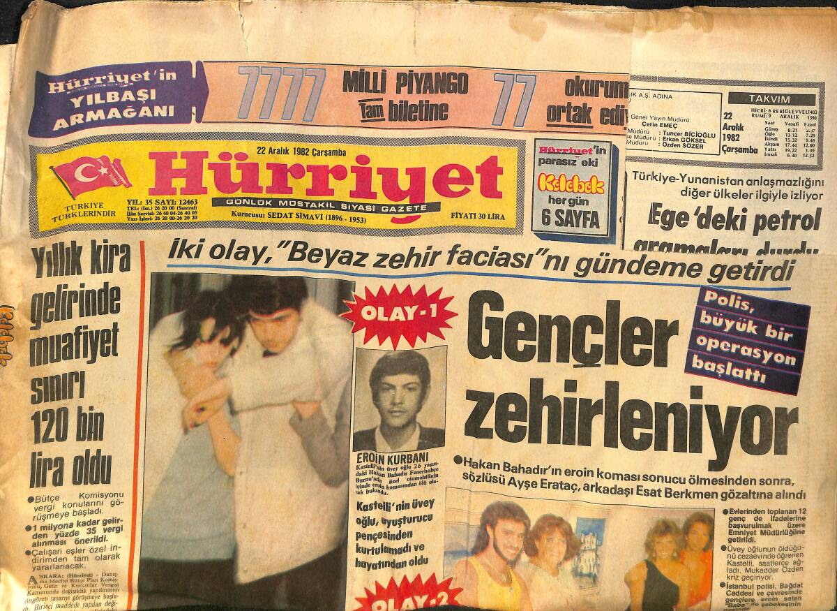 Hürriyet Gazetesi 22 Aralık 1982 - Beyaz Zehir Faciası, Gençler Zehirleniyor - Prenses Caroline Bir Darbe Daha Yedi GZ133383 - 1