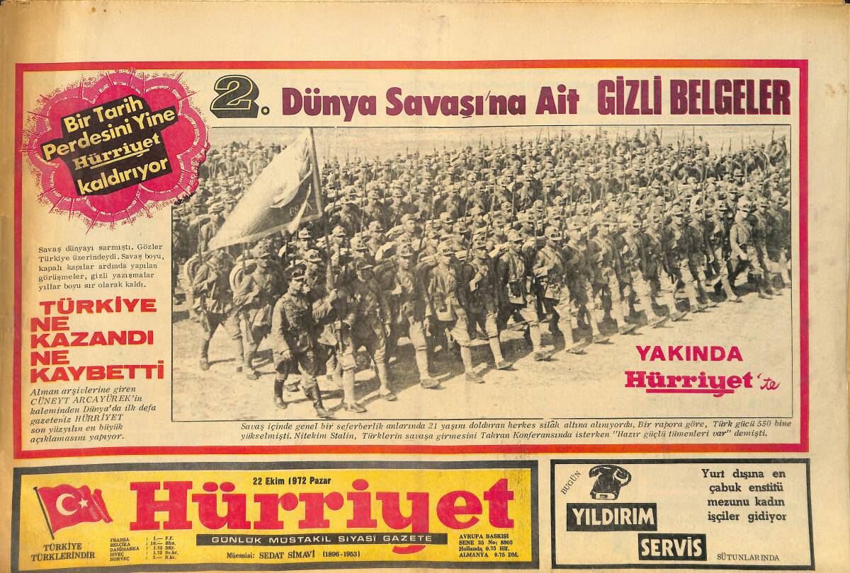 Hürriyet Gazetesi 22 Ekim 1972 - 2. Dünya Savaşına Ait Gizli Belgeler - Büyükburç Londra'da Başarılı İki Büyük Konser Verdi GZ157546 - 1
