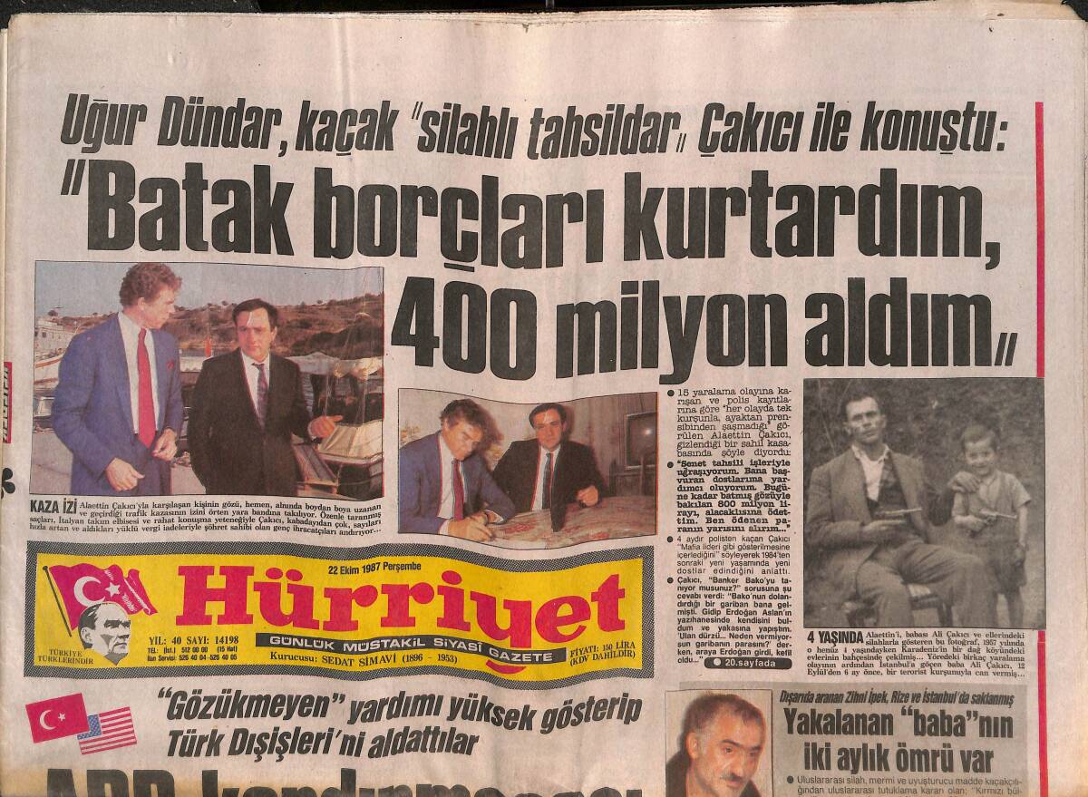 Hürriyet Gazetesi 22 Ekim 1987 - Galatasaray Doping Kontrolü İstedi - Uğur Dündar Kaçak Silahlı Tahsildar Çakıcı İle Konuştu GZ142057 - 1
