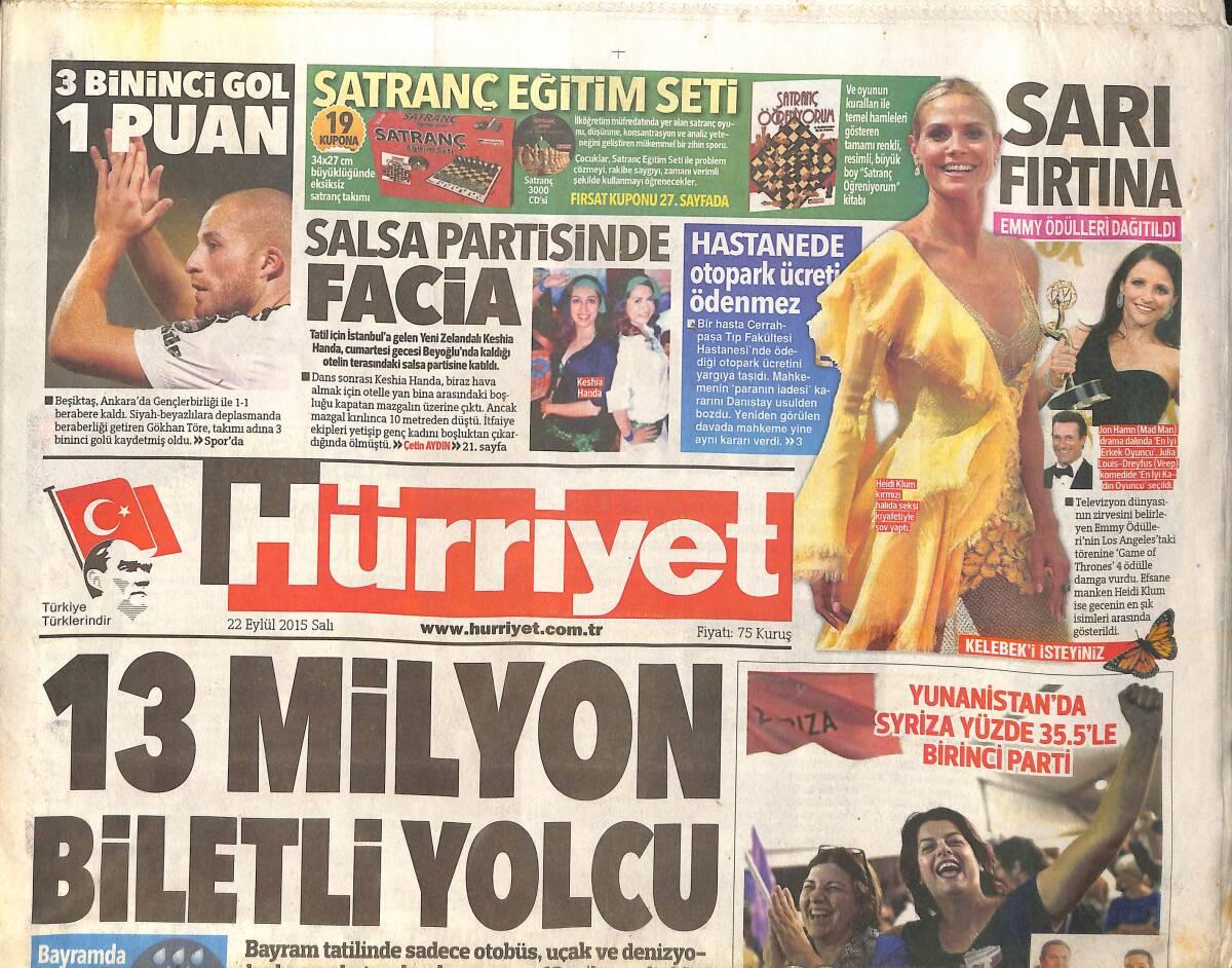Hürriyet Gazetesi 22 Eylül 2015 - Kamu Kuruluşlarına Taşıt Alımı Tam Gaz - 13 Milyon Biletli Yolcu GZ159558 - 1