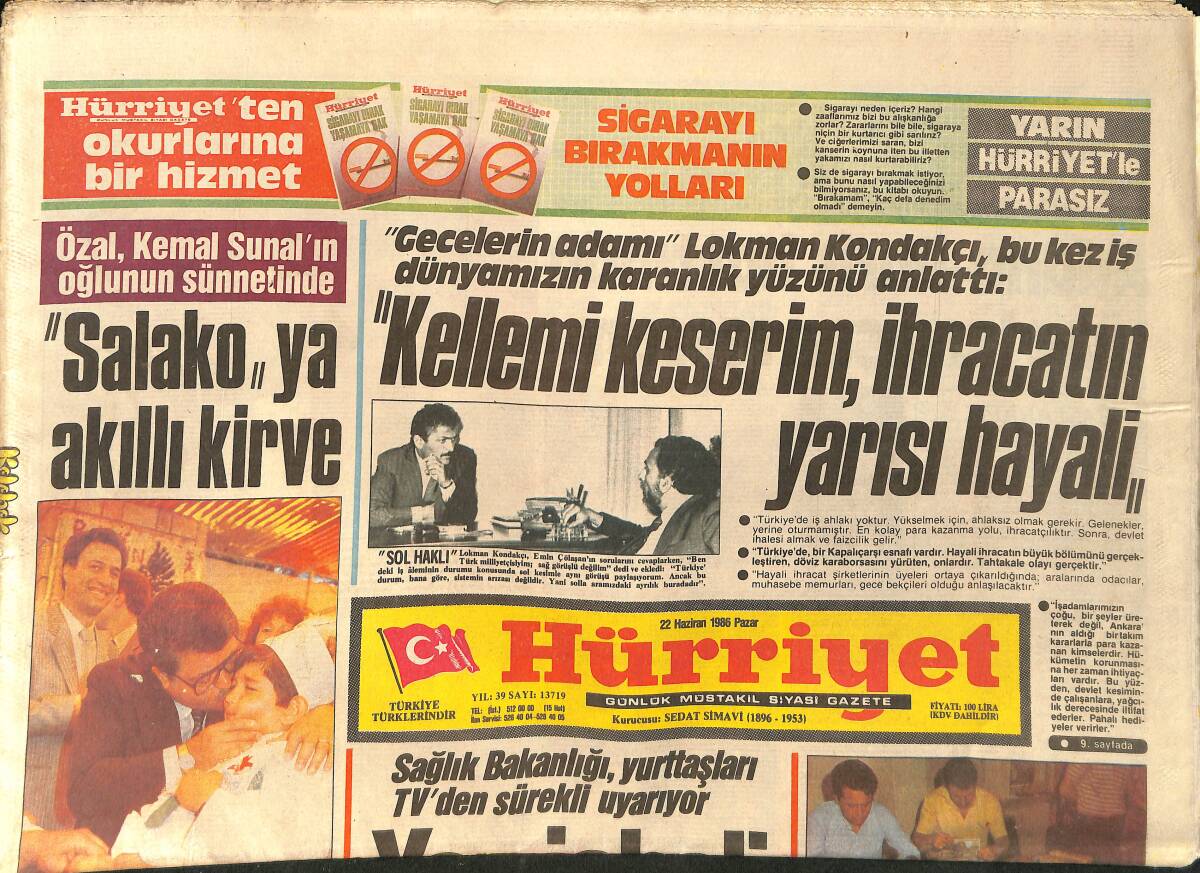 Hürriyet Gazetesi 22 Haziran 1986 - Özal, Kemal Sunal'ın Oğlunun Sünnetinde - Maradona Dostluk Diledi GZ2380 - 1