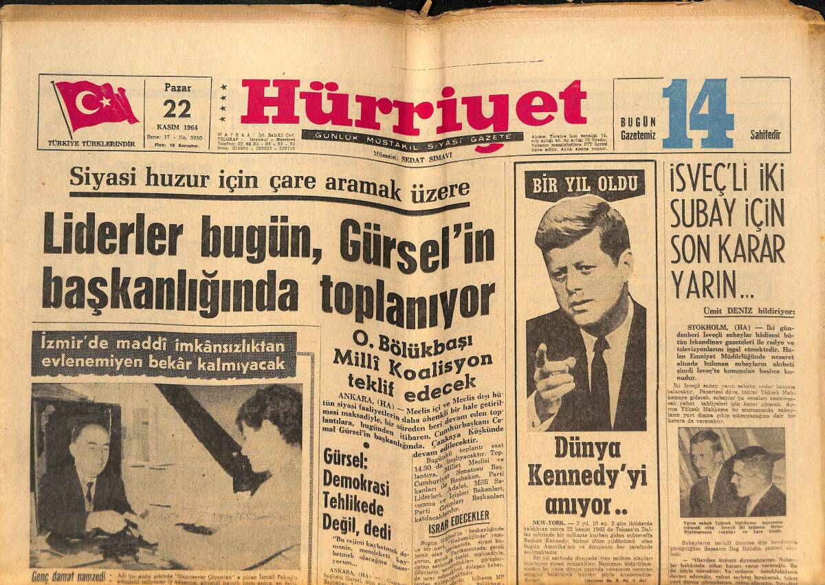 Hürriyet Gazetesi 22 Kasım 1964 - Dünya Kennedy'yi Arıyor... - Liderler Bugün , Gürsel'in Başkanlığından Toplanıyor GZ146983 - 1