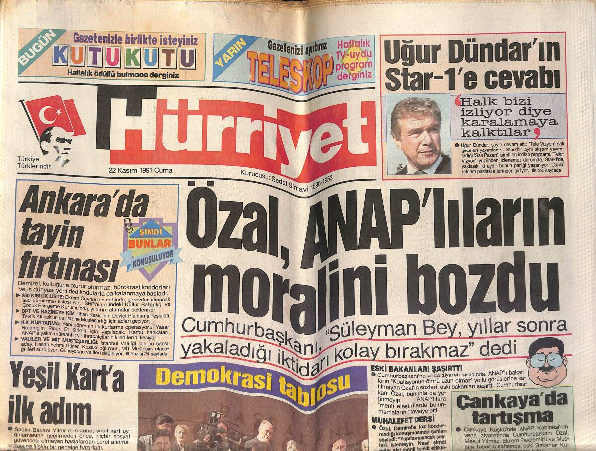 Hürriyet Gazetesi 22 Kasım 1991 - Mustafa Denizli Sevgilisinden Baba Oldu - Madonna: Eşcinsellerin Hayatında Kendimi Buldum - 92 Corolla XLe GZ153338 - 1