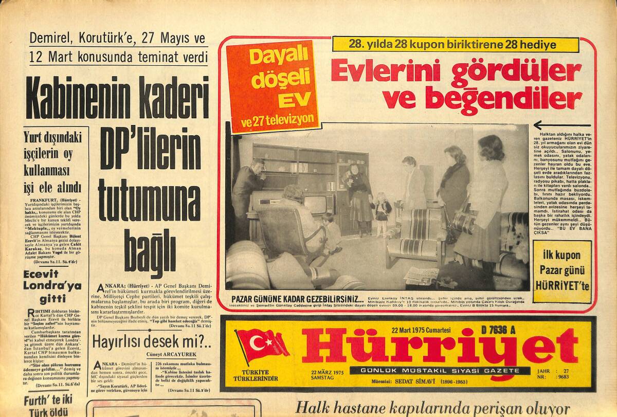 Hürriyet Gazetesi 22 Mart 1975 - Almanya Gezisinin Ardından Ecevit - Adanalı Dayı Mustafa, Kıbrıslı Güzel Filiz'le Evlendi GZ157531 - 1