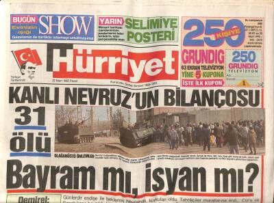 Hürriyet Gazetesi 22 Mart 1992 - Kanlı Nevruz`un Bilançosu 31 Ölü GZ79720 - 1