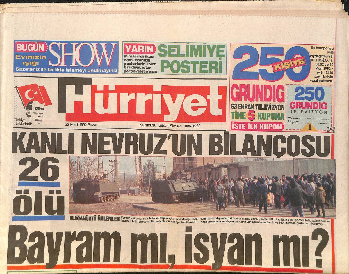 Hürriyet Gazetesi 22 Mart 1992 - Kanlı Nevruz'un Bilançosu - Erzincan'da Mucize GZ3389 - 1