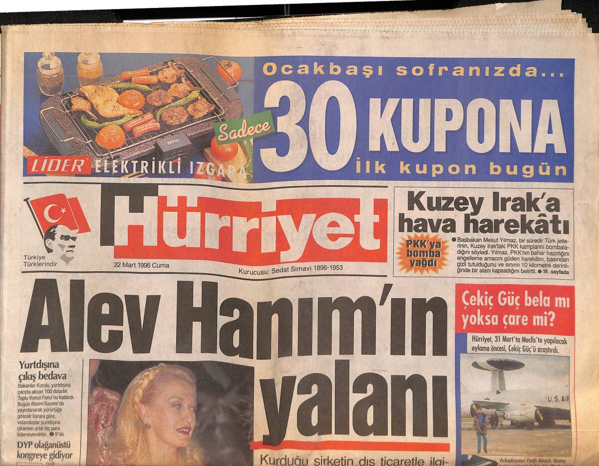 Hürriyet Gazetesi 22 Mart 1996 - Bekir Coşkun Yeni Köşesinde - Kuzey Irak'a Hava Harekatı GZ132969 - 1
