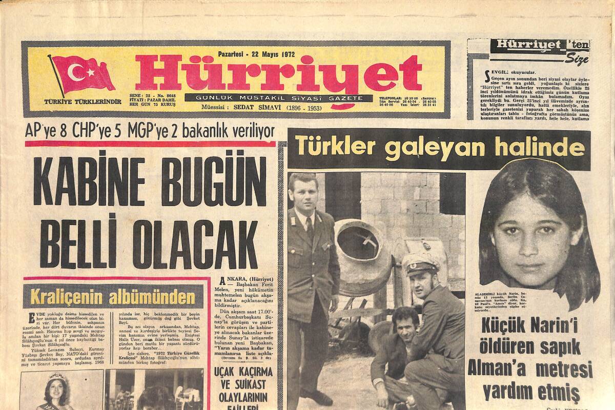 Hürriyet Gazetesi 22 Mayıs 1972 - Çılgın Joe, R. Kennedye Silah Çekmişti - Türkler Galeyan Halinde GZ156898 - 1