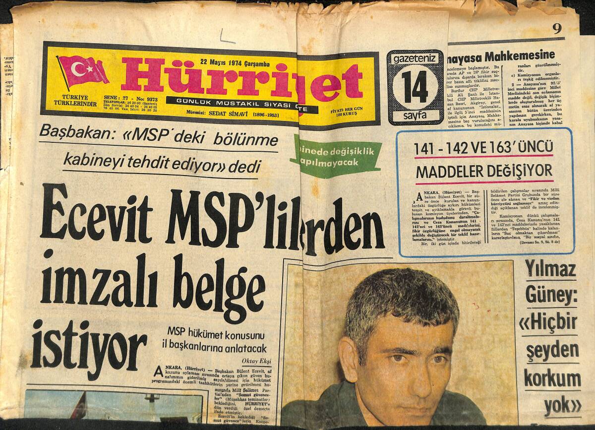 Hürriyet Gazetesi 22 Mayıs 1974 - Yılmaz Güney: Hiçbir Şeyden Korkum Yok! - Ecevit MSP'lilerden İmzalı Belge İstiyor GZ140605 - 1