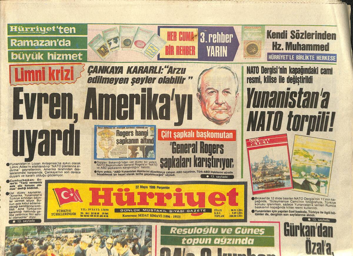 Hürriyet Gazetesi 22 Mayıs 1986 - Evren Amerika'yı Uyardı - İsmet Paşa'nın Yaramaz Çocuğu GZ3324 - 1