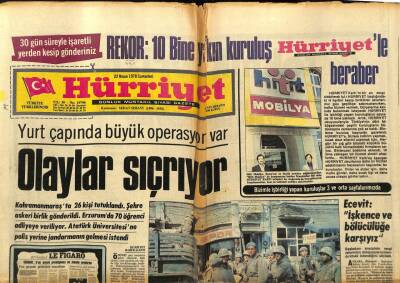 Hürriyet Gazetesi 22 Nisan 1978 - Yurt Çapında Büyük Operasyon Var Olaylar Sıçrıyor GZ97483 - 1