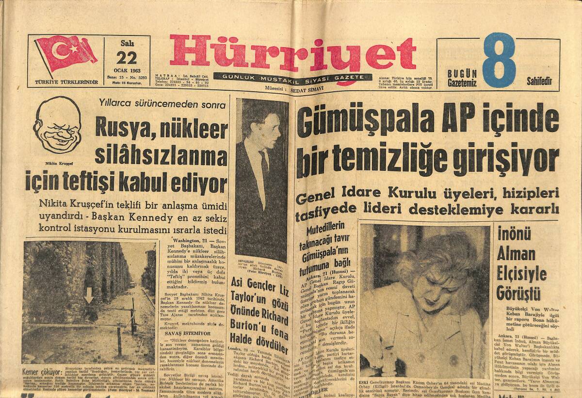 Hürriyet Gazetesi 22 Ocak 1963 - Asi Gençler Liz Taylor'un Gözü Önünde Richard Burton'u Fena Halde Dövdüler - Milan İstanbul'da GZ146954 - 1