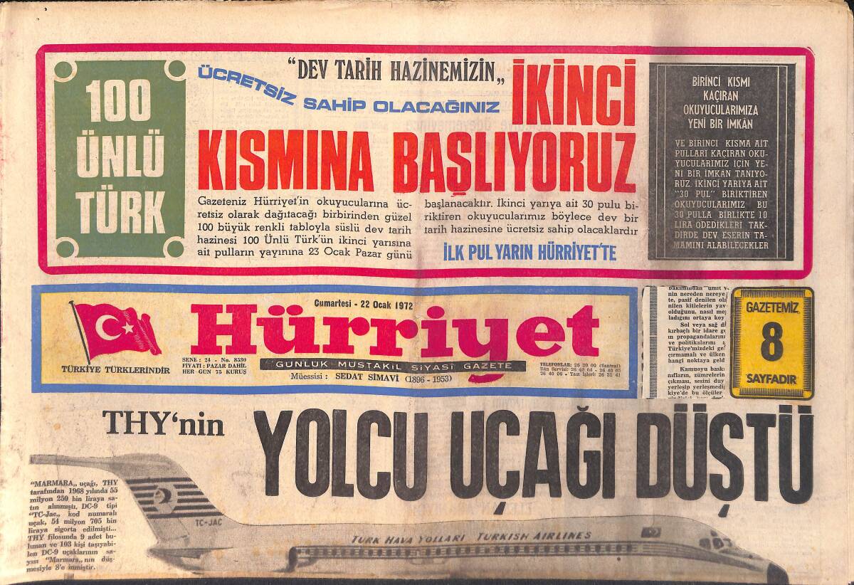 Hürriyet Gazetesi 22 Ocak 1972 - THY'nin Yolcu Uçağı Adana'ya Düştü - Denizciler Orkestrası - Richard Burton GZ157028 - 1