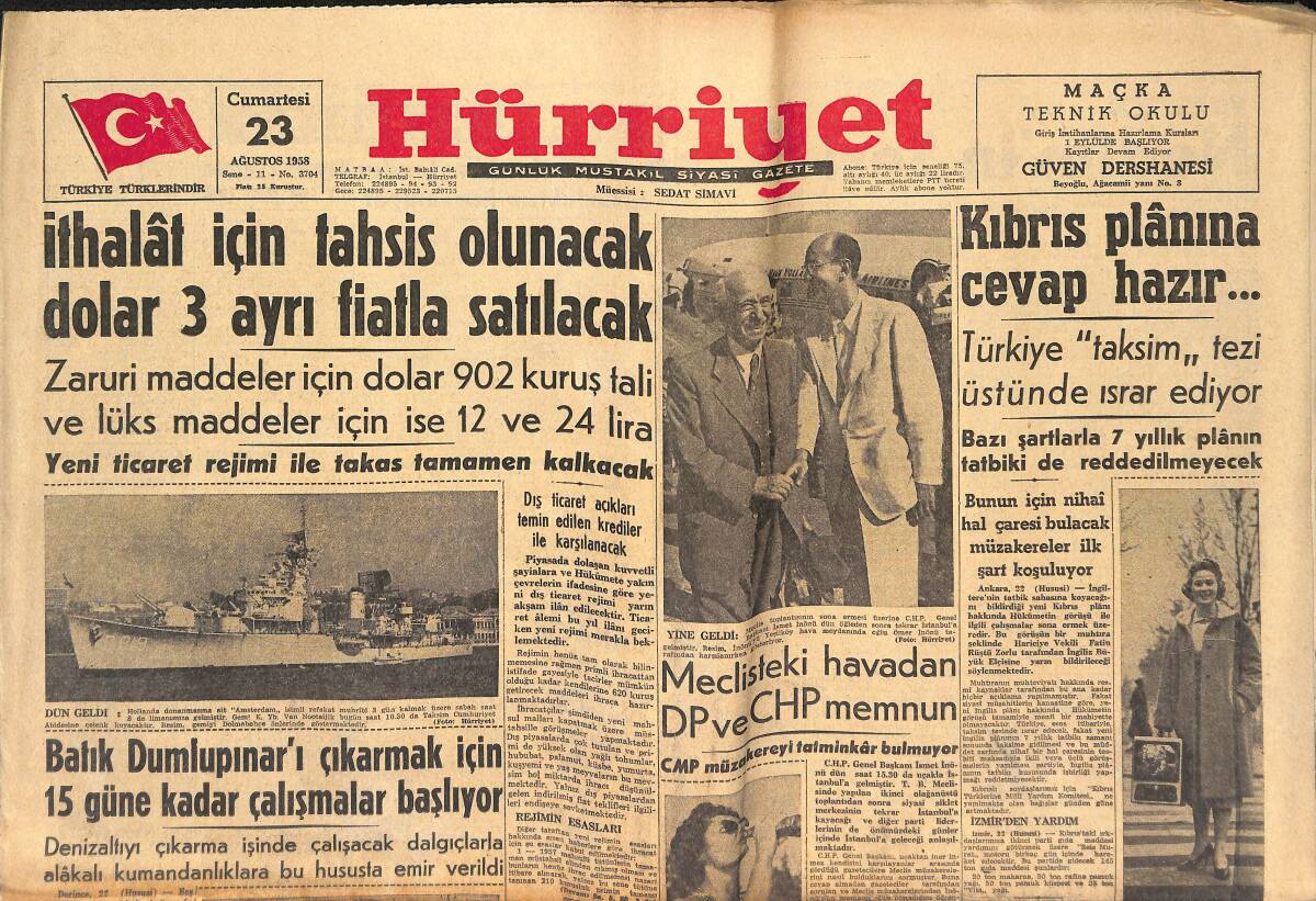 Hürriyet Gazetesi 23 Ağustos 1958 - Batık Dumlupınar'ı Çıkarmak İçin Çalışmalar Başlıyor - Danimarka Atom Denizaltısını Kabul Etmiyor GZ146892 - 1